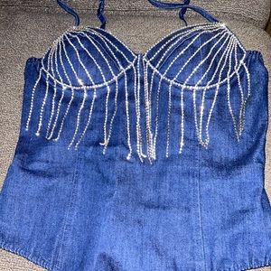 Never worn blue Jean rhinestone body suit